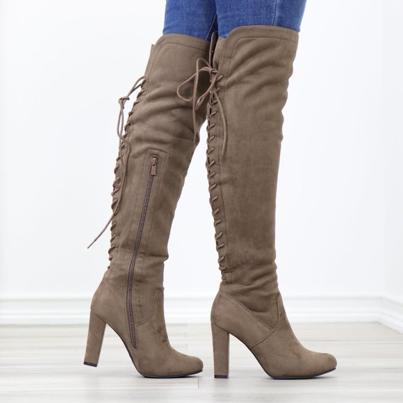 Shoes - Taupe Suede Thigh High Boots Over The Knee Block High Heel With Lace Up Back